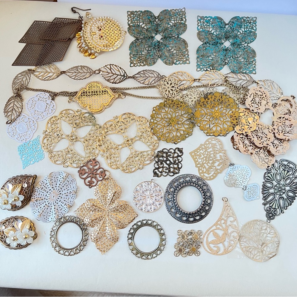 30 piece lot of assorted metal Filigree components from jewelry for crafting